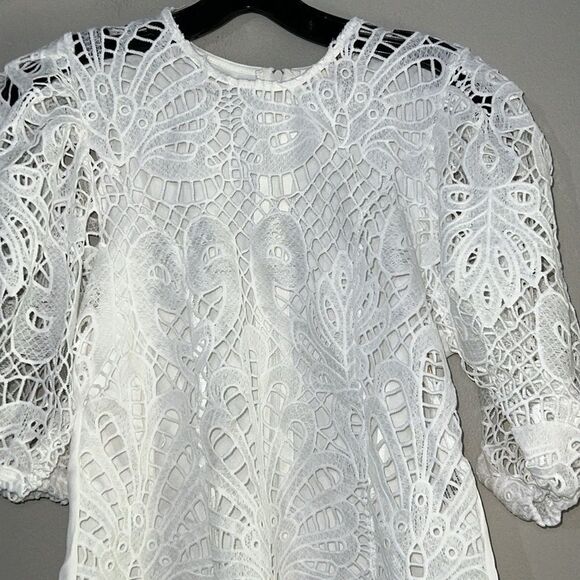 Peach balloon-sleeves crochet top new large - Picture 2 of 7